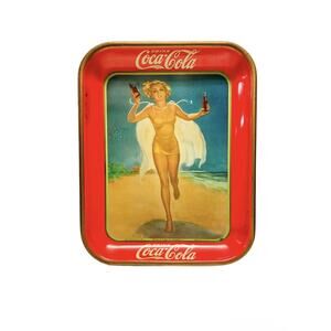 Antique 1937 Original Coca Cola Girl On Beach Advertising Serving Tray